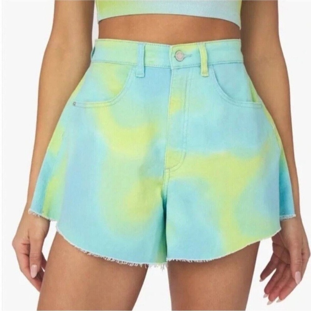WeWoreWhat flare bell short stretch twill denim zvi tie dye blue & green